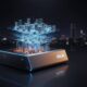 A sleek ASUS device emits a glowing, layered hologram of a futuristic cityscape against a dark urban backdrop.