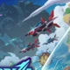 A lion-like pilot in a red suit grips a control stick inside a cockpit, with fighter jets and explosions in the sky behind him.