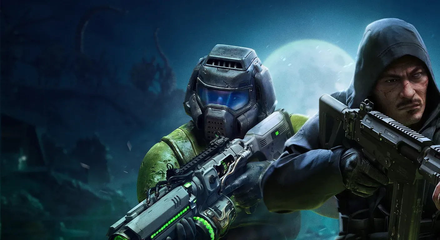 Two armed soldiers, one in a gas mask and the other hooded, stand ready under a full moon with eerie green lighting and "The Haunting" text below.