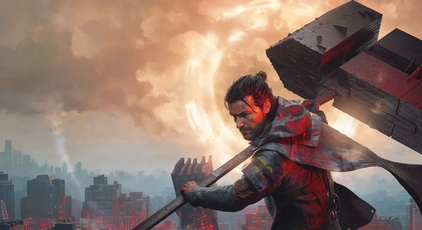 A warrior wields a massive, glowing hammer over a fiery, ruined cityscape under a stormy sky.