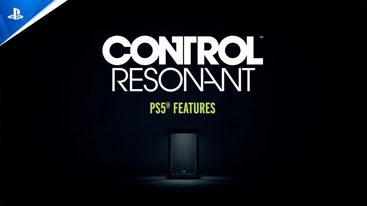 Dark background with bold white text "CONTROL RESONANT" and green "PS5® FEATURES" above a centered, illuminated PlayStation 5 console.