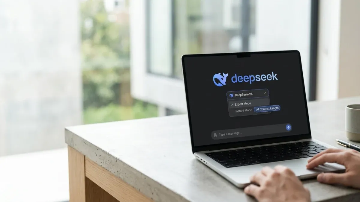 A laptop on a desk displays the DeepSeek interface with model selection and input field, hands resting on the keyboard.