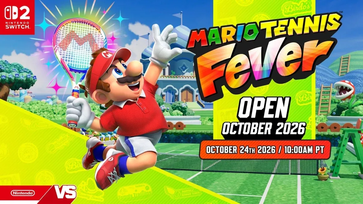 Mario leaps with a tennis racket on a vibrant court, promoting the Mario Tennis Fever Open October 2026 tournament.
