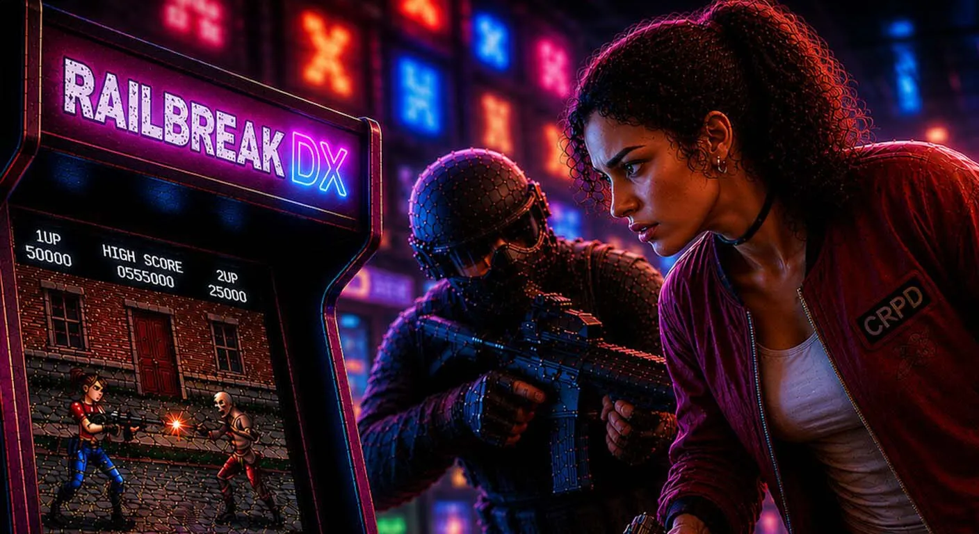 A woman in a red jacket and holstered guns stands beside an arcade machine labeled "RAILBREAK DX," with zombies looming behind her in a neon-lit setting.
