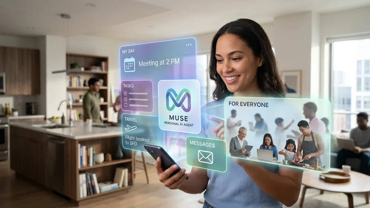 A woman smiles while holding a phone, surrounded by floating digital panels displaying AI-assisted tasks, messages, and lifestyle scenes.
