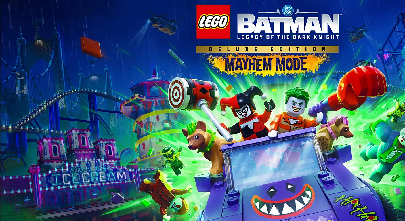 LEGO Joker and Harley Quinn ride a purple car with a grinning face through a neon-lit carnival chaos, surrounded by LEGO figures and flying bricks.