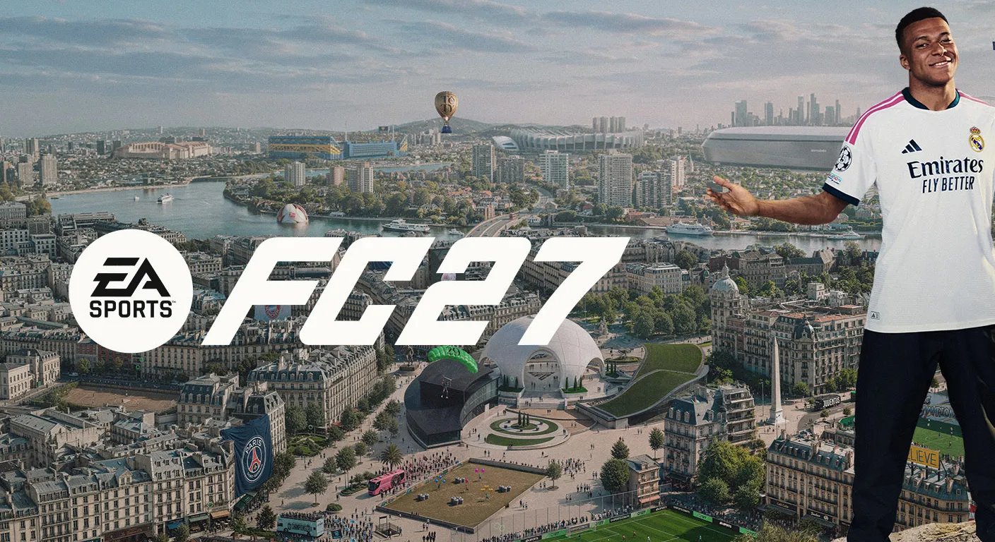 A football player in a Real Madrid jersey stands atop a cliff overlooking a cityscape with EA Sports FC 27 branding and a soccer ball at his feet.