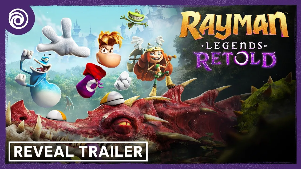 Colorful game characters float above a red dragon in a vibrant fantasy landscape with "Rayman Legends Retold" title.