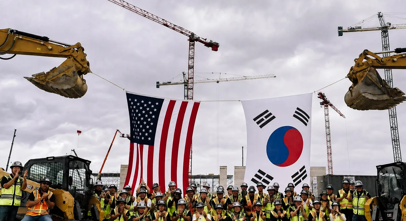 Construction workers in safety gear pose with U.S. and South Korean flags between excavators at a groundbreaking site with cranes in the background.