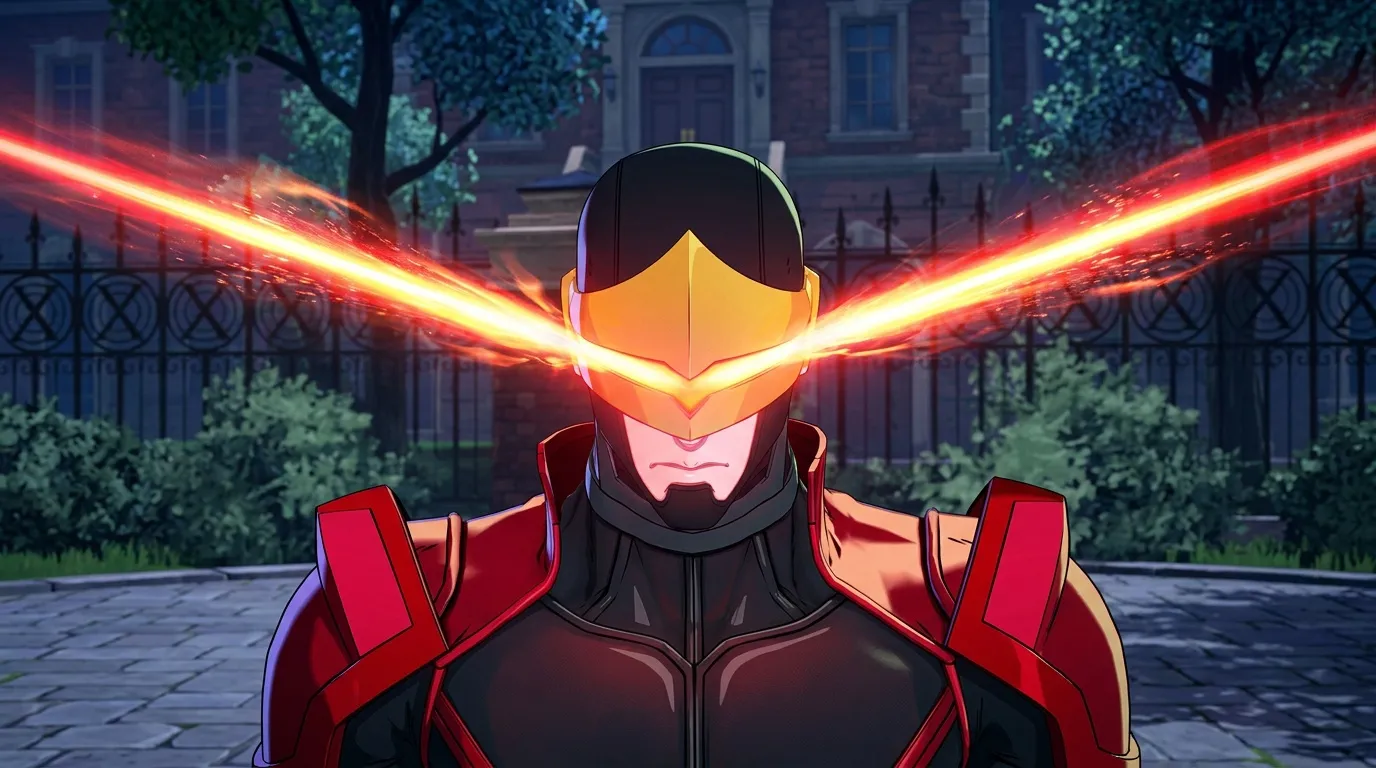 A masked figure in red and black armor emits bright orange laser beams from their eyes, standing before a stone building with a wrought-iron fence.