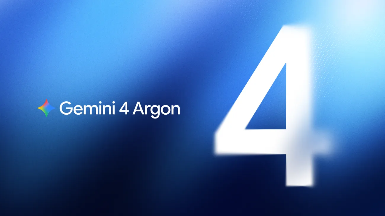 A large white number "4" glows against a blue gradient background with "Gemini 4 Argon" text and Google's multicolored star logo.