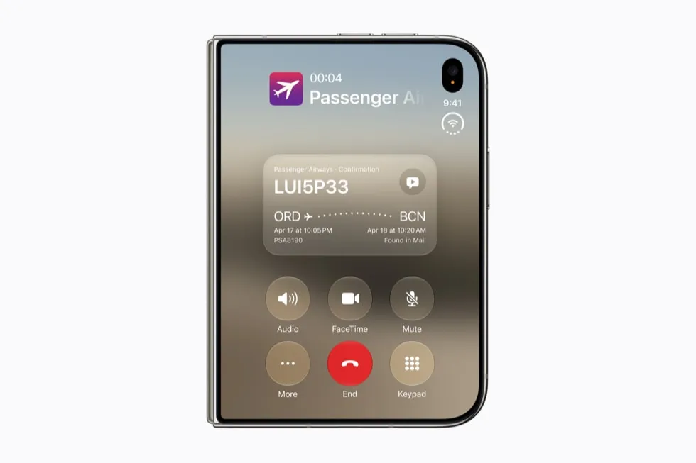 On iPhone Duo, a widget shows Call Context regarding a phone call connected to a person’s air travel.