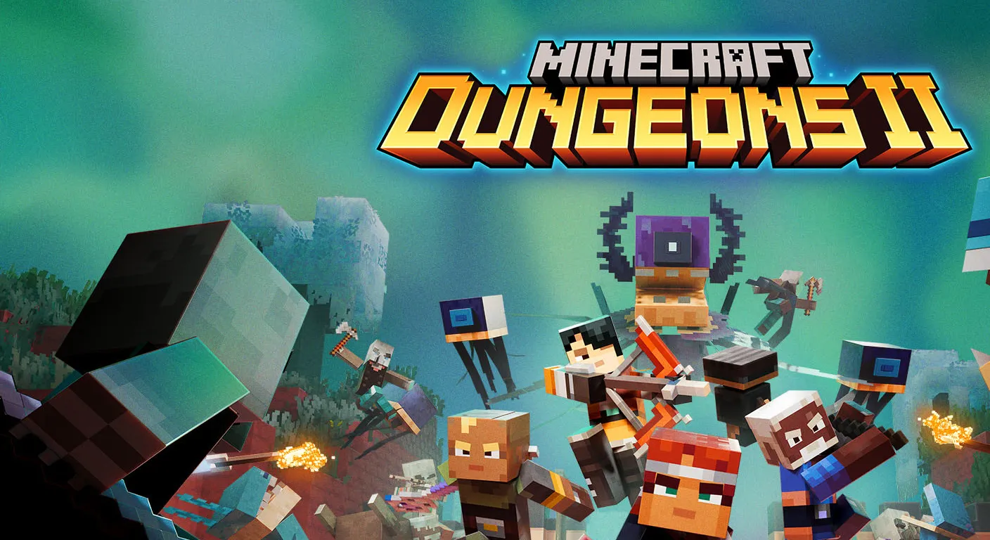 Blocky Minecraft characters battle monsters in a vibrant, pixelated landscape under the "Minecraft Dungeons II" title.