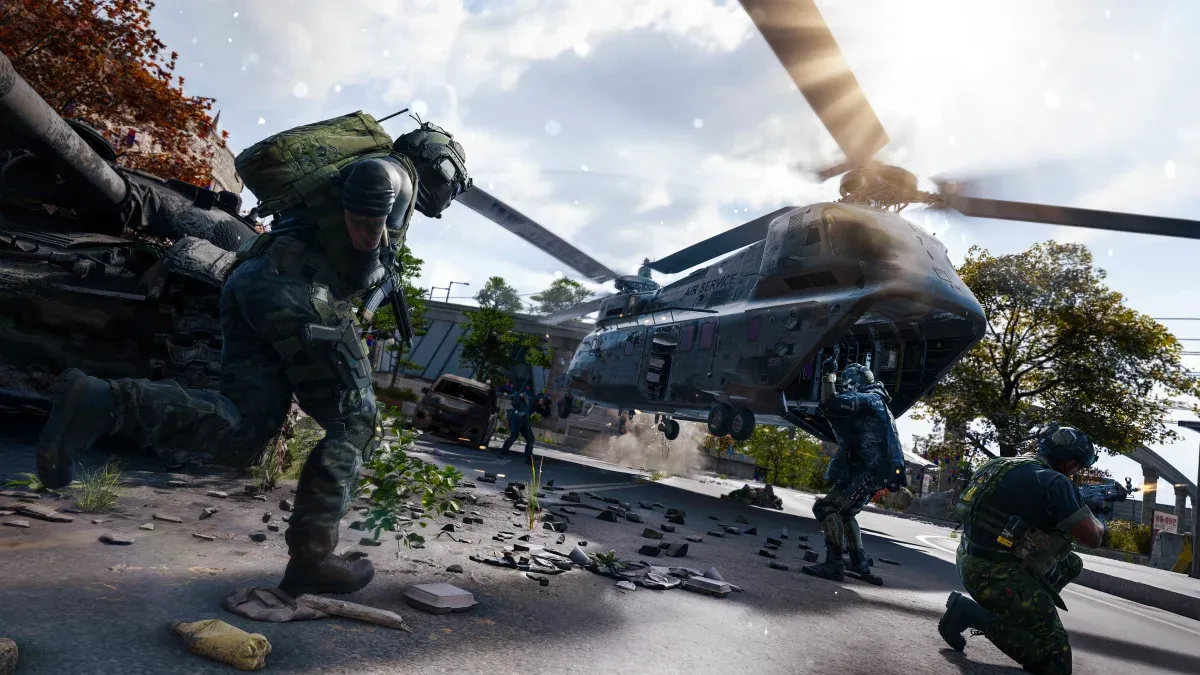 Soldiers in combat gear rush toward a hovering military helicopter amidst debris and urban wreckage under a cloudy sky.