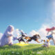 Colorful animated characters, including a girl with pink hair and various creatures, run across a grassy hill under a bright blue sky with distant mountains.