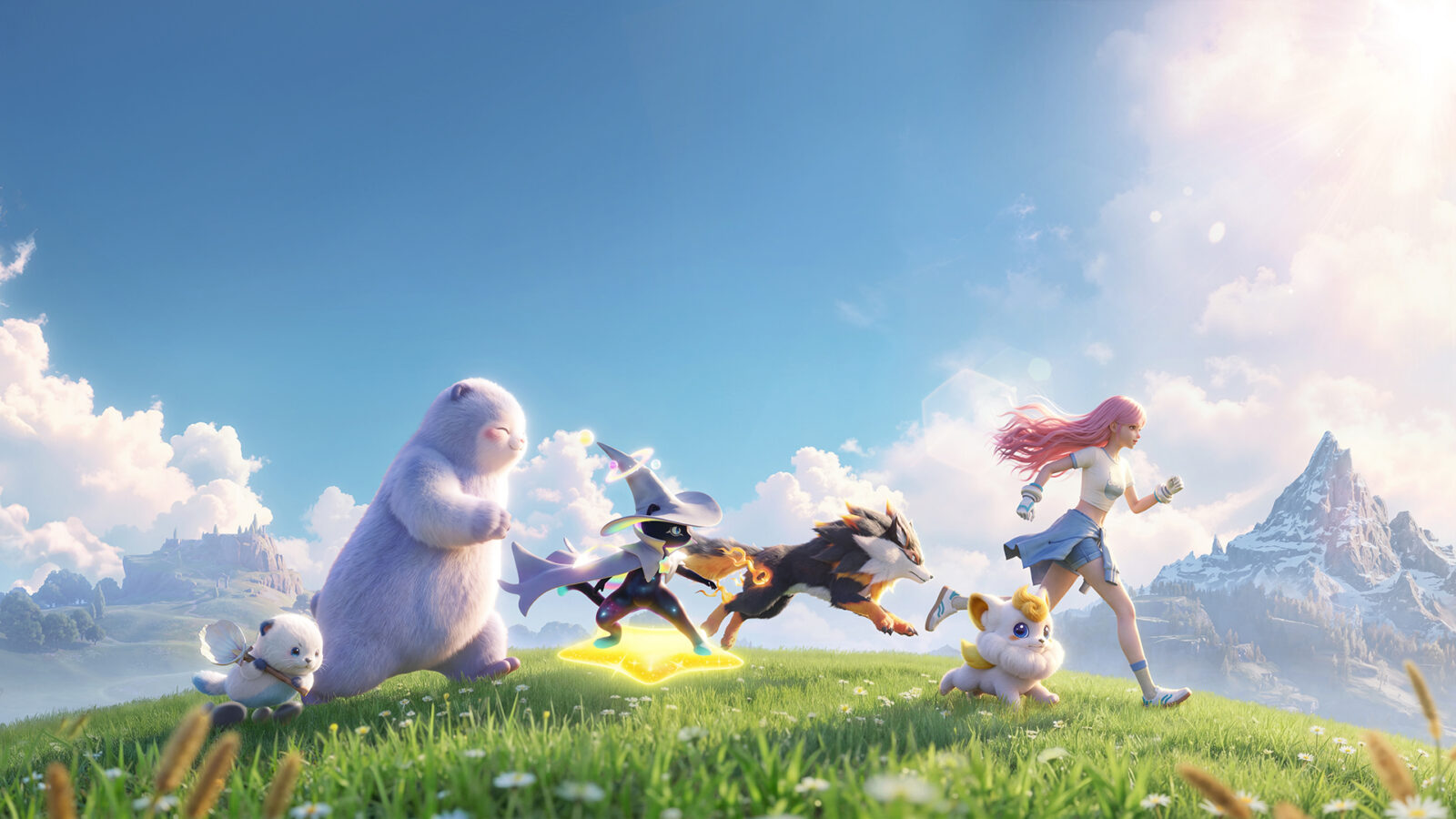 Colorful animated characters, including a girl with pink hair and various creatures, run across a grassy hill under a bright blue sky with distant mountains.