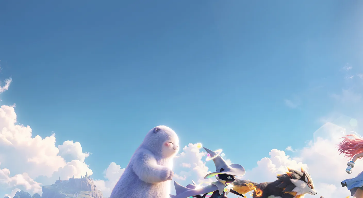 A woman with pink hair runs across a grassy hill with animated creatures under a bright blue sky.