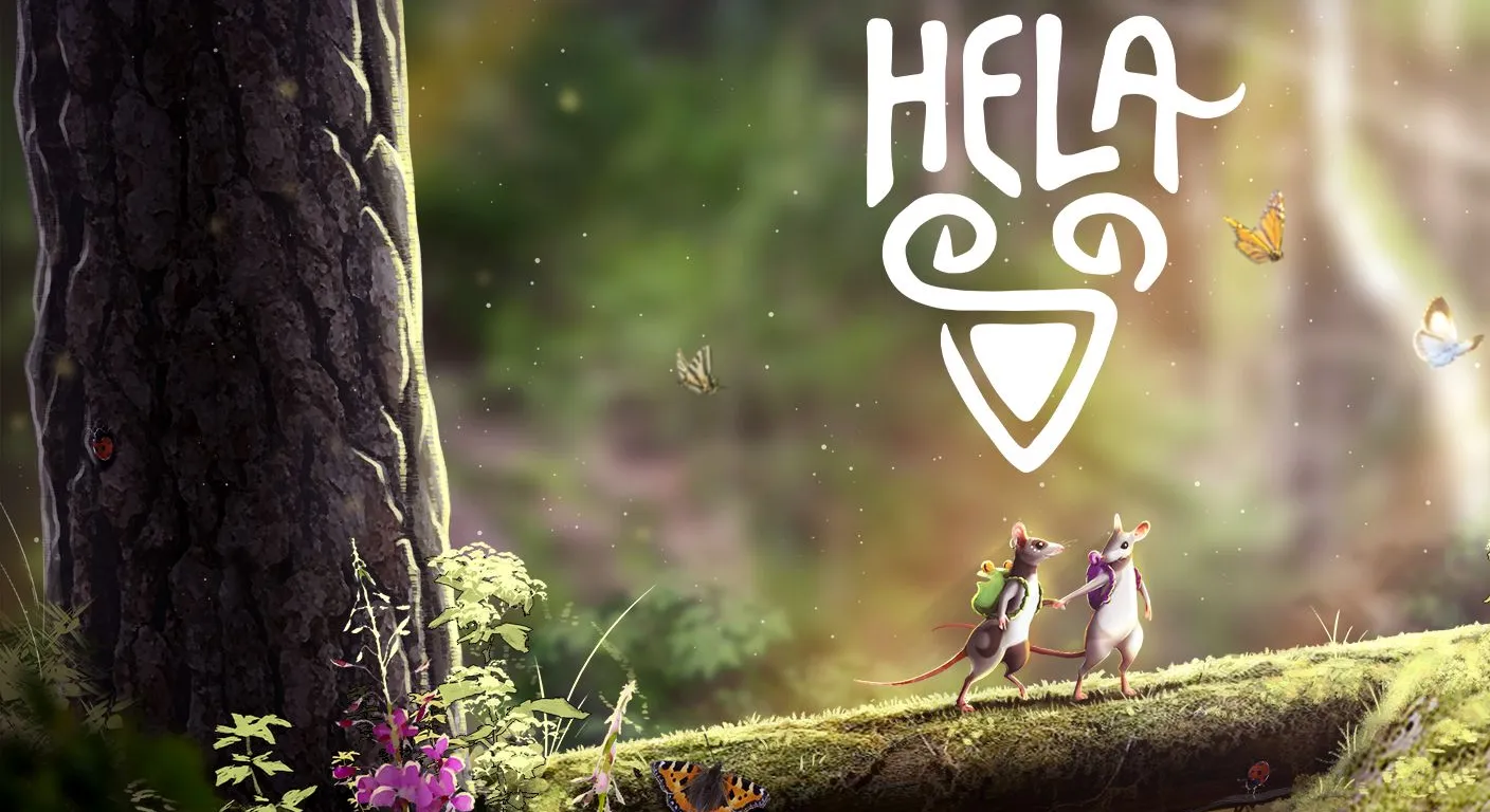 Two animated mice walk hand-in-hand across a mossy log in a vibrant forest, beneath the "HELA" logo and fluttering butterflies.
