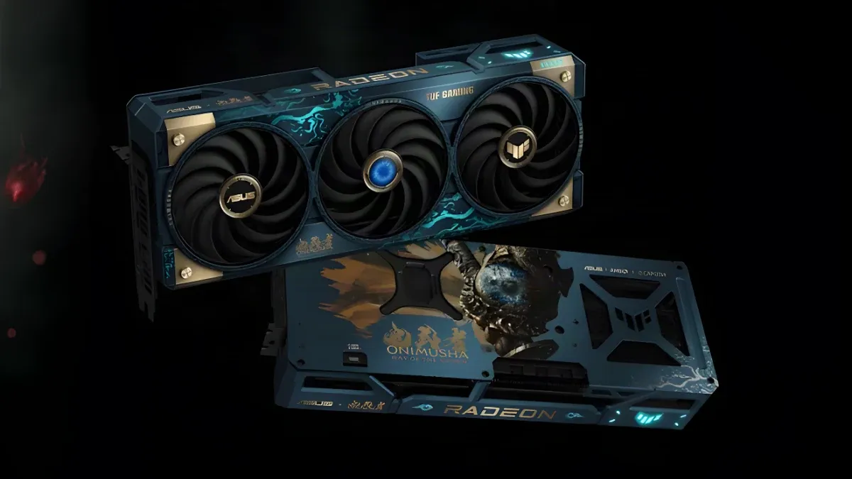 A blue and gold ASUS Radeon graphics card with three fans and Onimusha artwork, shown from front and back angles.
