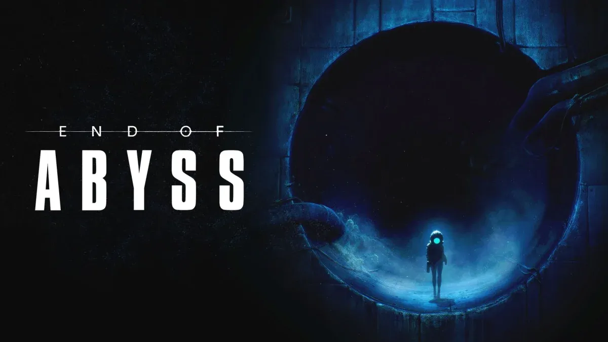 A lone astronaut stands at the edge of a glowing blue abyss, framed by dark stone walls, with the title "END OF ABYSS" in bold white text.