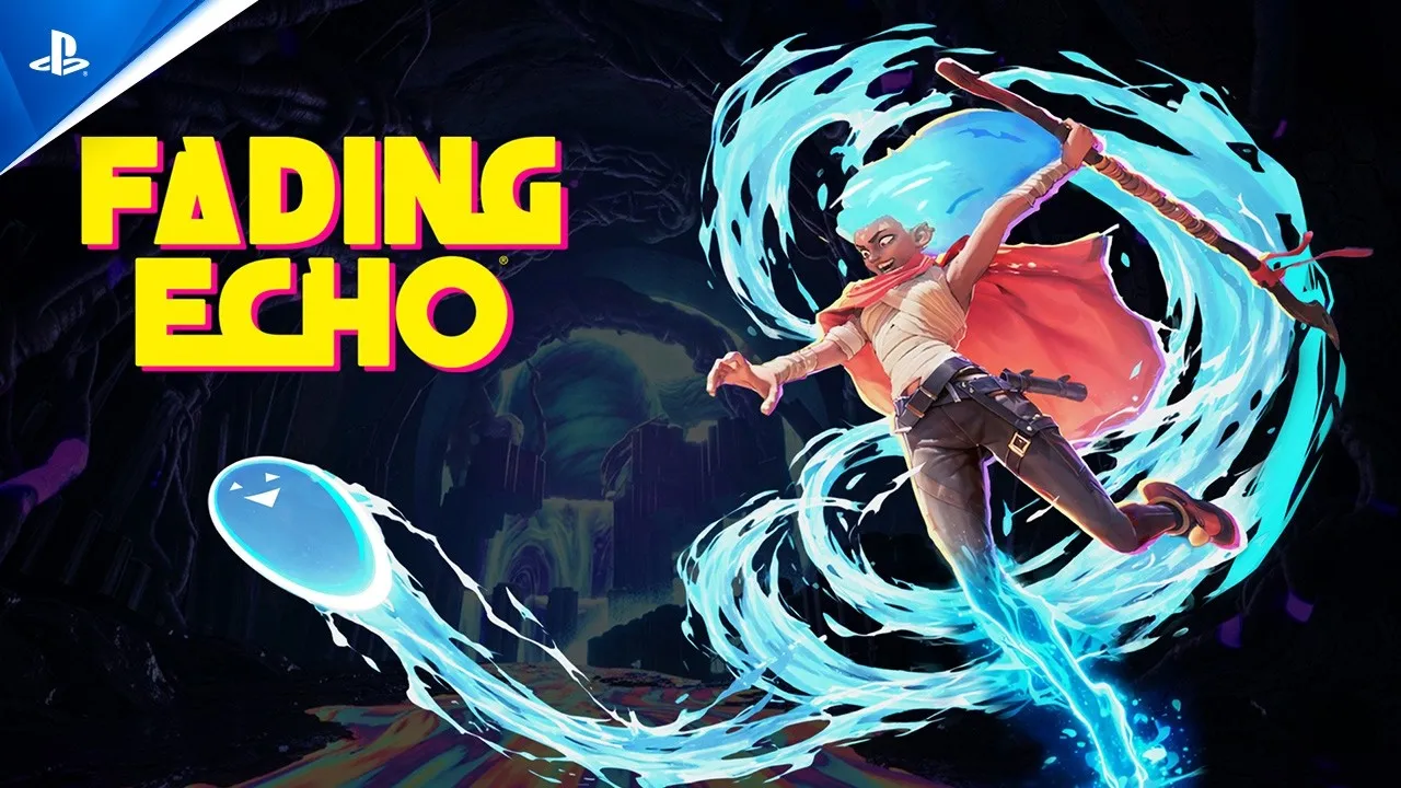 A character with blue hair and a red cape wields a staff, surrounded by glowing blue energy, with the game title "Fading Echo" in bold yellow letters.