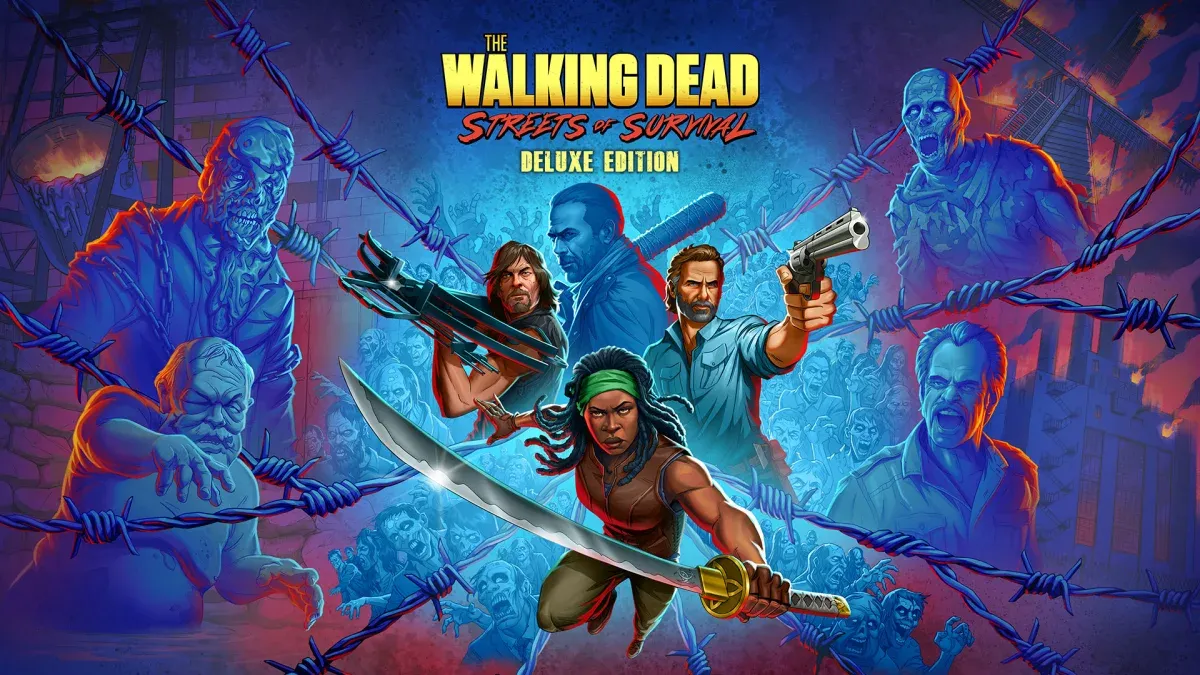 Characters from The Walking Dead wield weapons amidst zombies behind barbed wire in a neon-lit, apocalyptic scene.