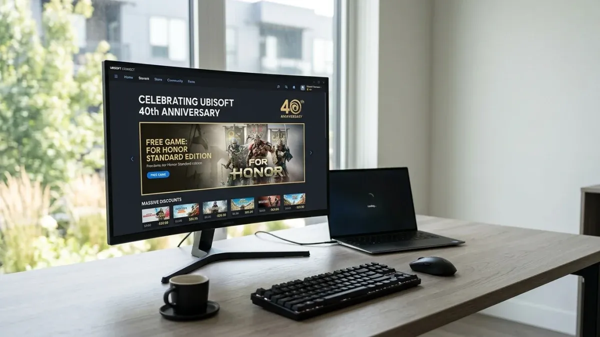 A computer monitor displays Ubisoft's 40th anniversary sale with a free game offer, alongside a keyboard, mouse, laptop, and coffee cup on a desk.