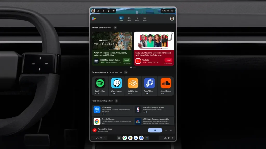 A vertical in-car display screen showing the Google Play Store interface with options to download popular apps like HBO Max, YouTube, Spotify, and Waze.
