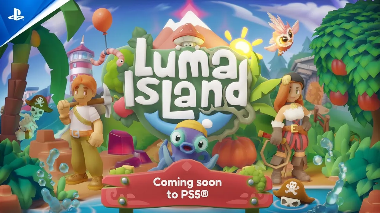Colorful cartoon characters and tropical scenery surround the "Luma Island" logo, with a sign reading "Coming soon to PS5®.