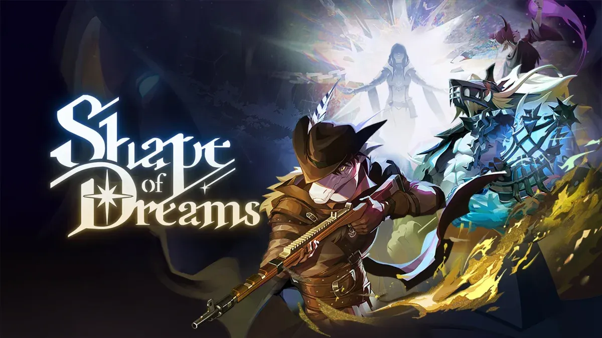 A cowboy-like character with a rifle stands in front of glowing, ethereal figures and a dark, armored creature, with the game title "Shape of Dreams" in stylized text.