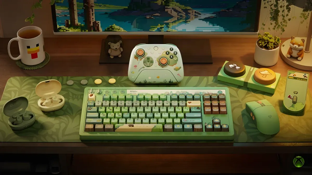 A green-themed desk setup featuring a custom Xbox controller, keyboard, mouse, and accessories with cute animal designs.