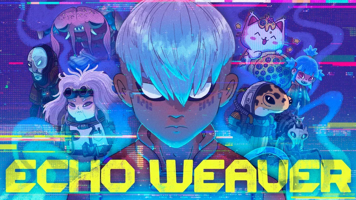A futuristic character with silver hair and glowing eyes stands center, surrounded by colorful, stylized creatures against a neon-digital backdrop, with "ECHO WEAVER" in bold yellow text below.