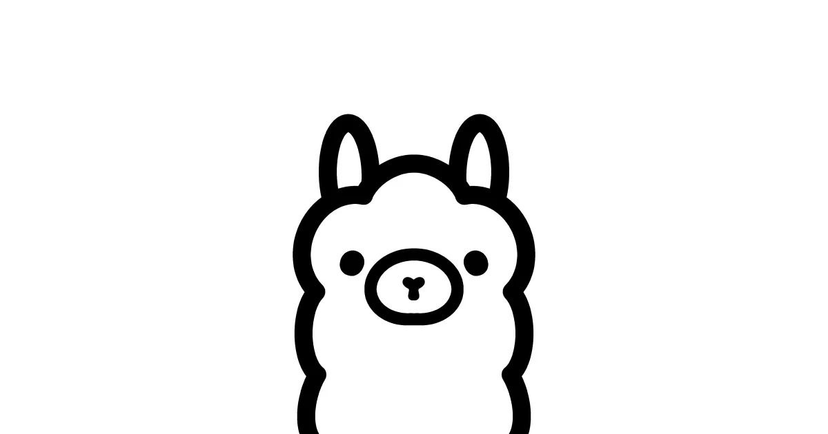 Simple black-and-white line drawing of a llama's face with large eyes and upright ears.