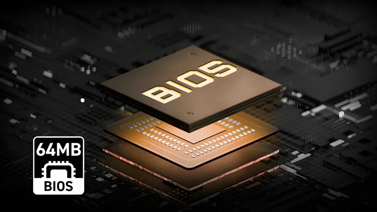 A golden BIOS chip labeled "BIOS" sits atop a circuit board, with a 64MB capacity icon nearby.