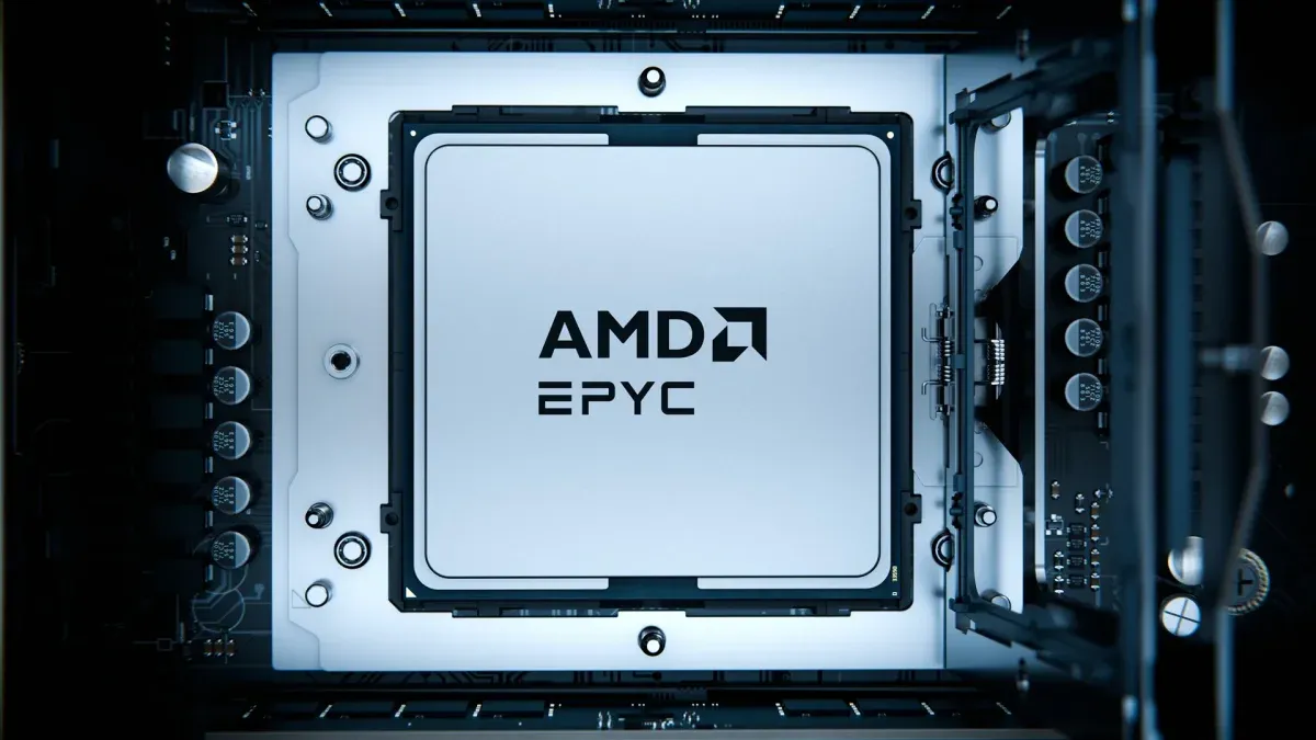 A close-up view of an AMD EPYC processor mounted on a server motherboard, illuminated with cool blue lighting.