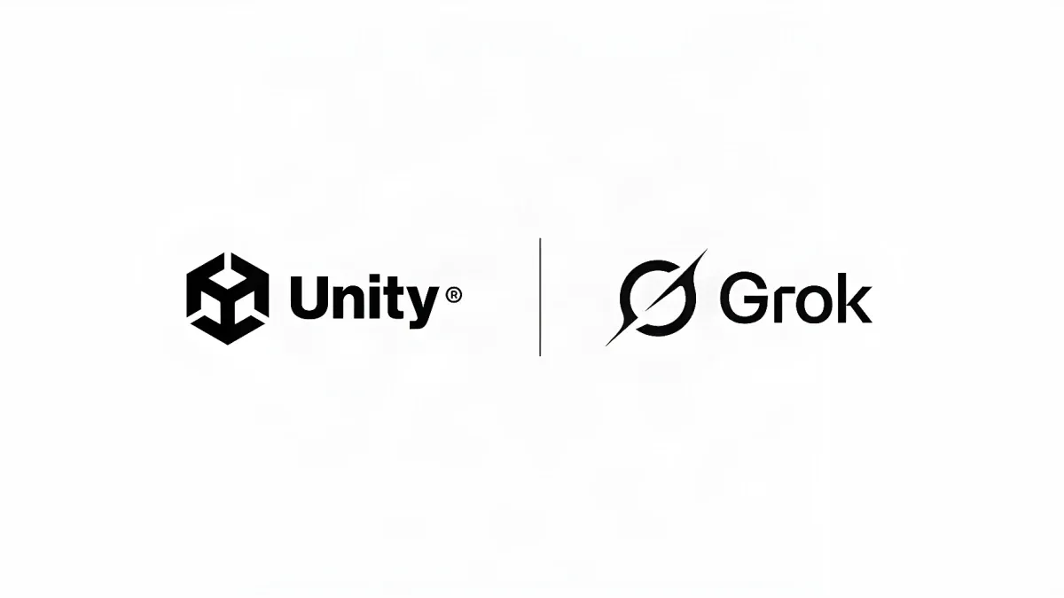 Black Unity and Grok logos side by side on a white background, separated by a vertical line.