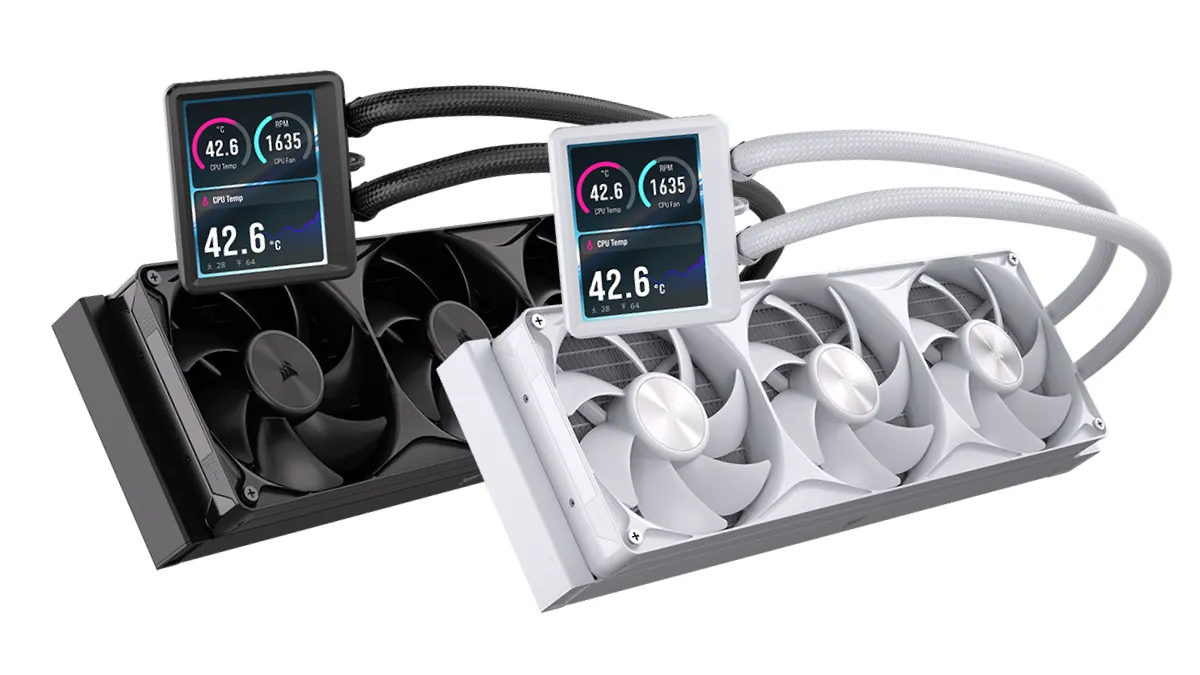 Two Corsair liquid coolers, one black and one white, each with dual fans and digital displays showing temperature and RPM.