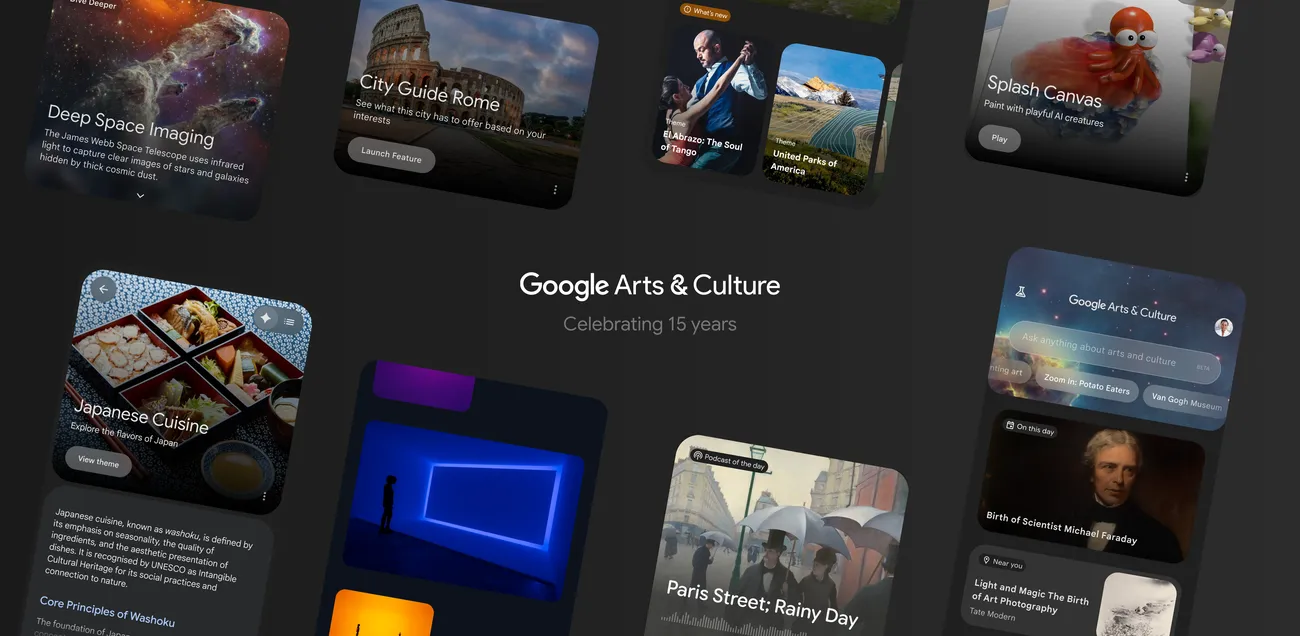A collage of smartphone screens showcasing Google Arts & Culture app features like City Guide, Splash Canvas, and art exhibits.