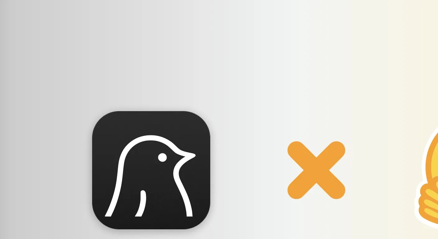 A black square with a white penguin outline, an orange multiplication symbol, and a yellow smiling emoji with hands raised.