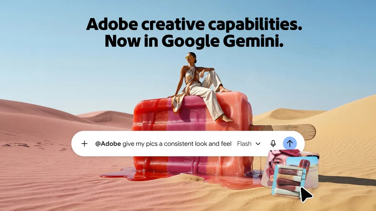 A person sits atop a melting, colorful block in a desert, with a chat interface prompting Adobe to style images, showcasing integration with Google Gemini.