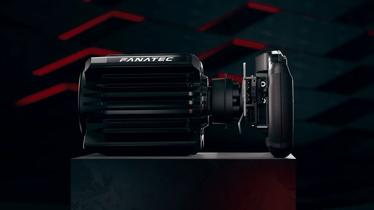 A black Fanatec racing wheel and pedal set displayed on a pedestal against a dark background with red geometric accents.