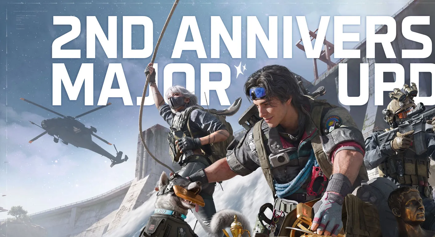 Soldiers in tactical gear stand atop a snowy cliff with a helicopter overhead, celebrating the game's 2nd anniversary update.