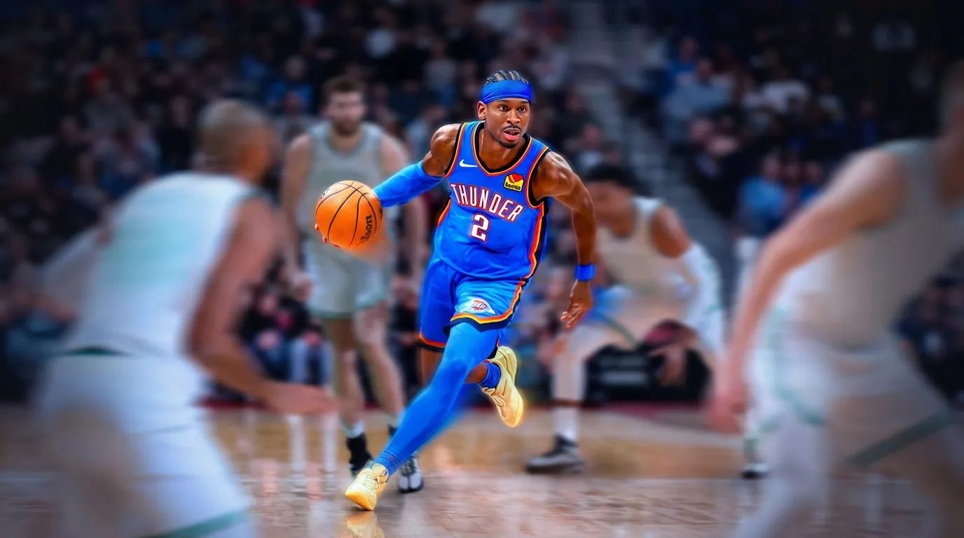A basketball player in a blue Thunder jersey dribbles the ball during a game, with opponents and a crowd in the background.