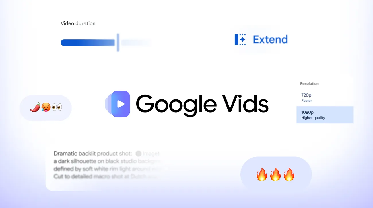 Google Vids interface showing video duration slider, resolution options (720p, 1080p), and text input for video description with emoji prompts.