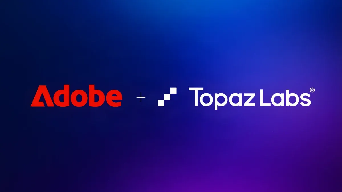 Adobe and Topaz Labs logos displayed side by side with a plus sign on a blue-to-purple gradient background.