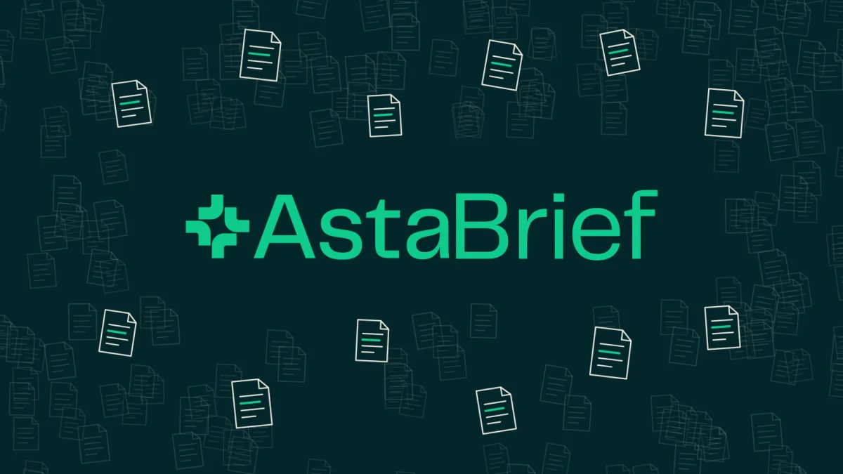 The AstaBrief logo in teal on a dark background, surrounded by floating document icons.