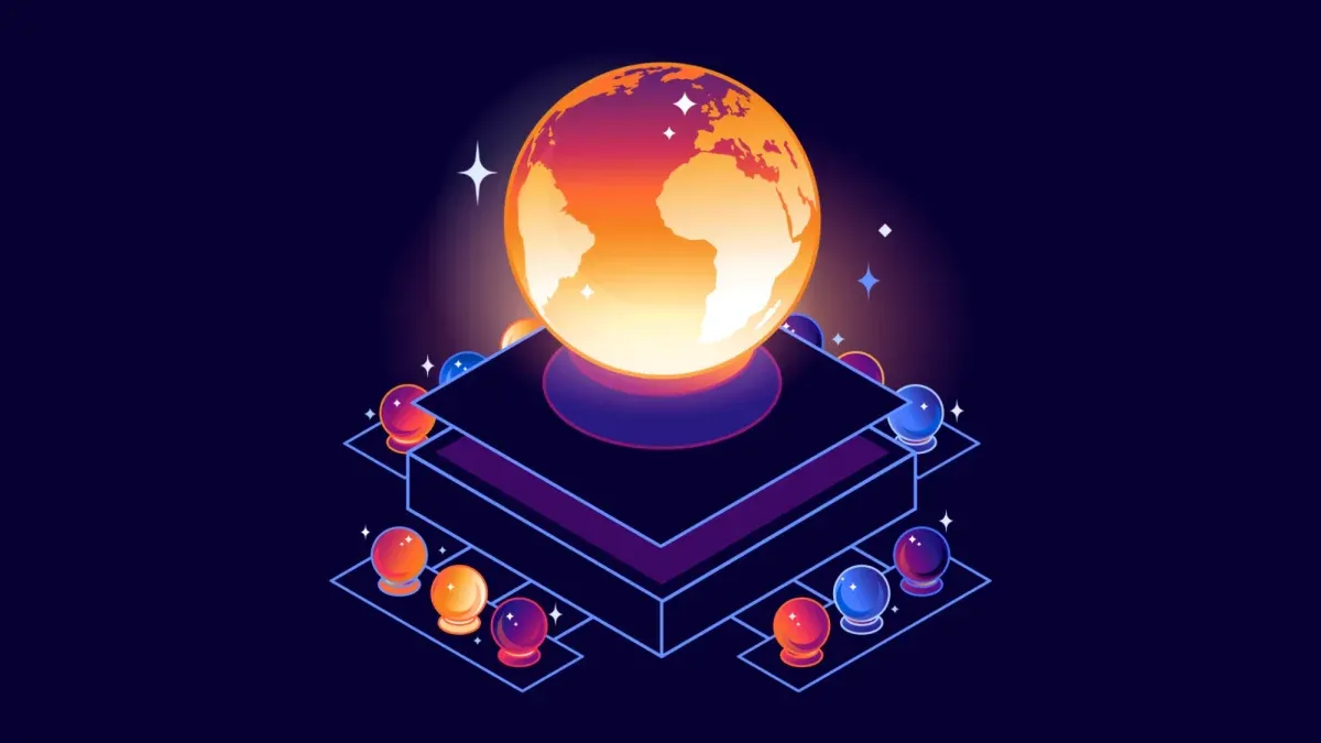 A glowing globe sits atop a tiered platform surrounded by colorful spheres against a dark, starry background.