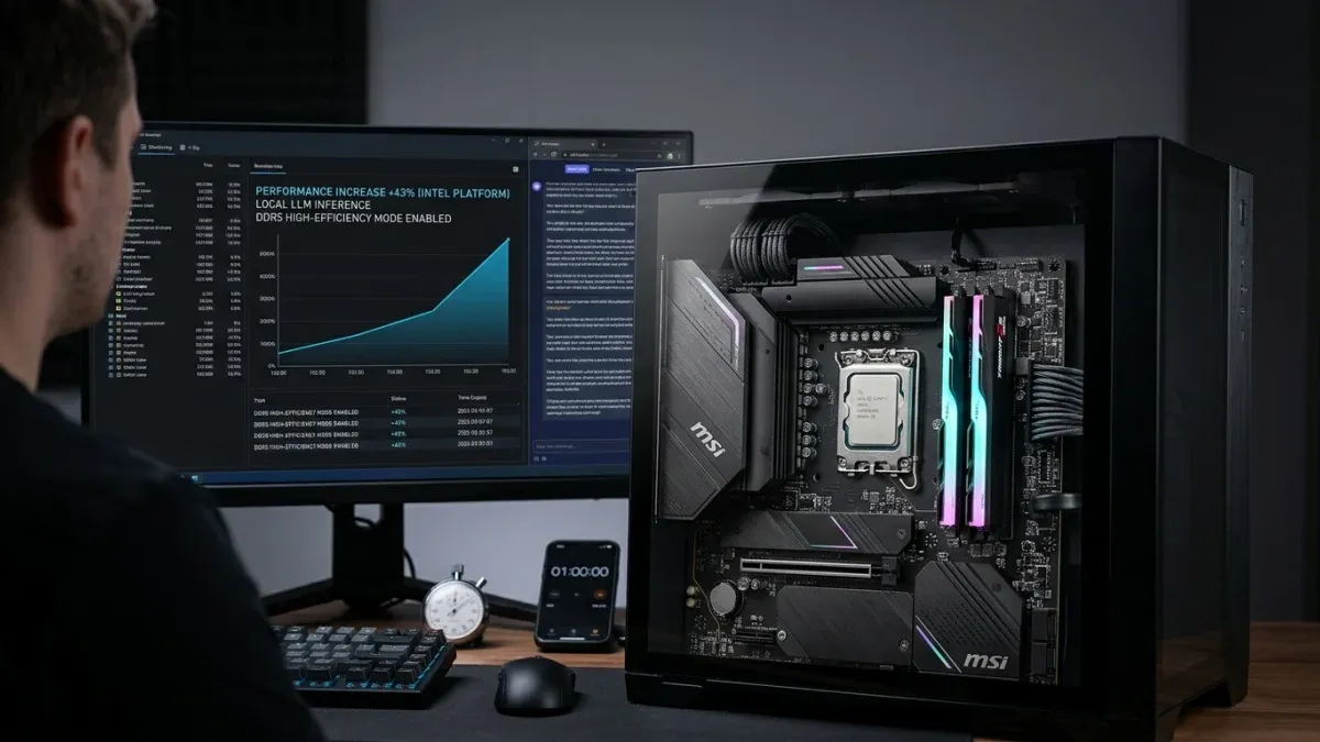 A person views a monitor displaying performance graphs next to an open MSI PC case with RGB lighting and components.