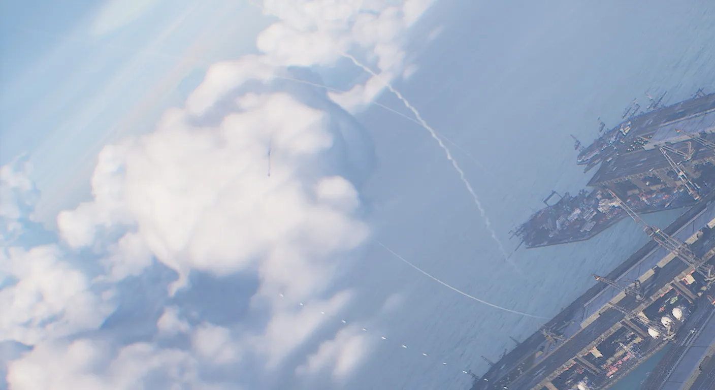 A fighter jet flies low over a coastal city with a bridge, firing a red laser beam.