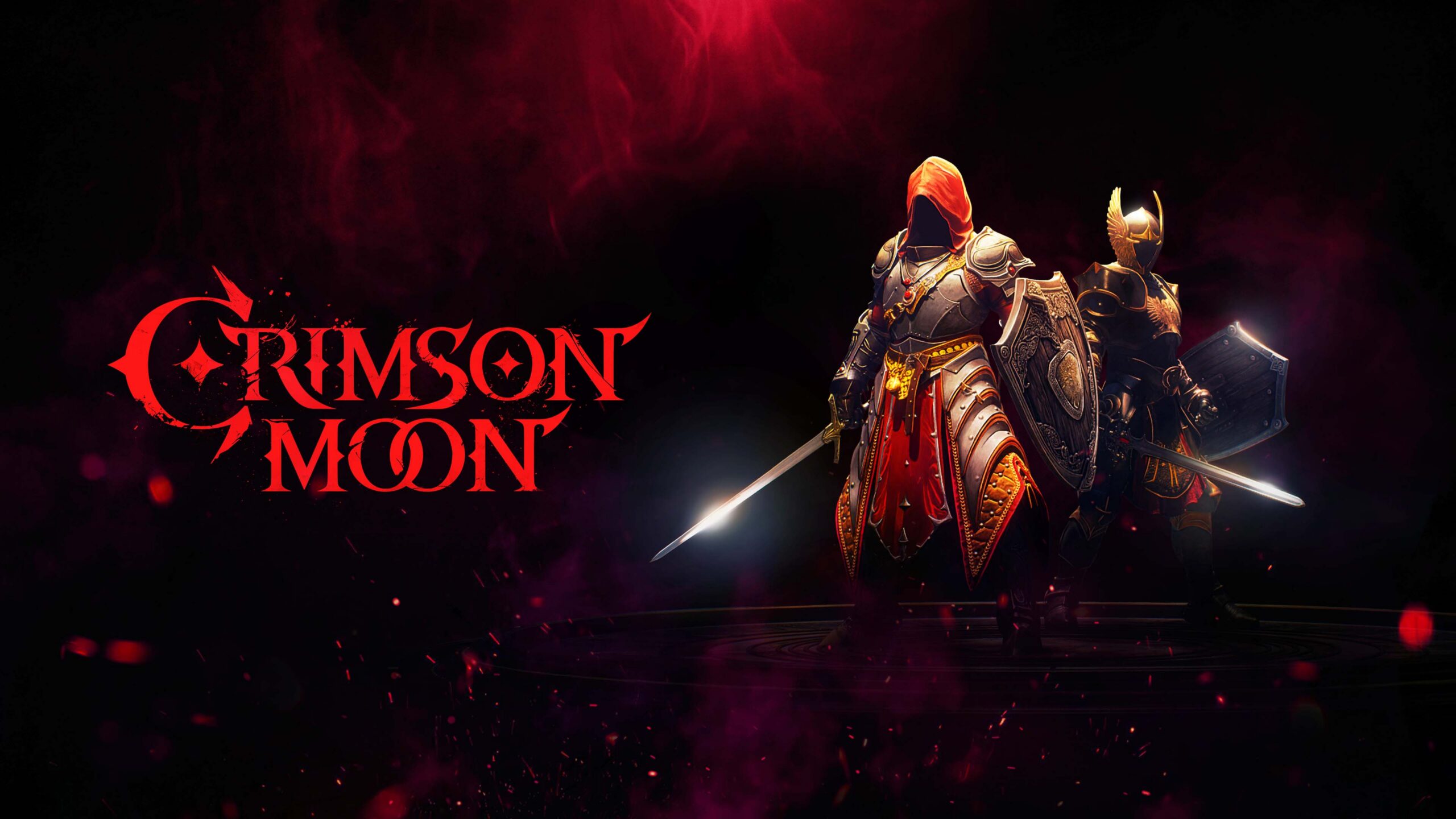Two armored warriors stand back-to-back with glowing swords and shields, silhouetted against a dark, red-tinged background with the "Crimson Moon" logo in bold red letters.